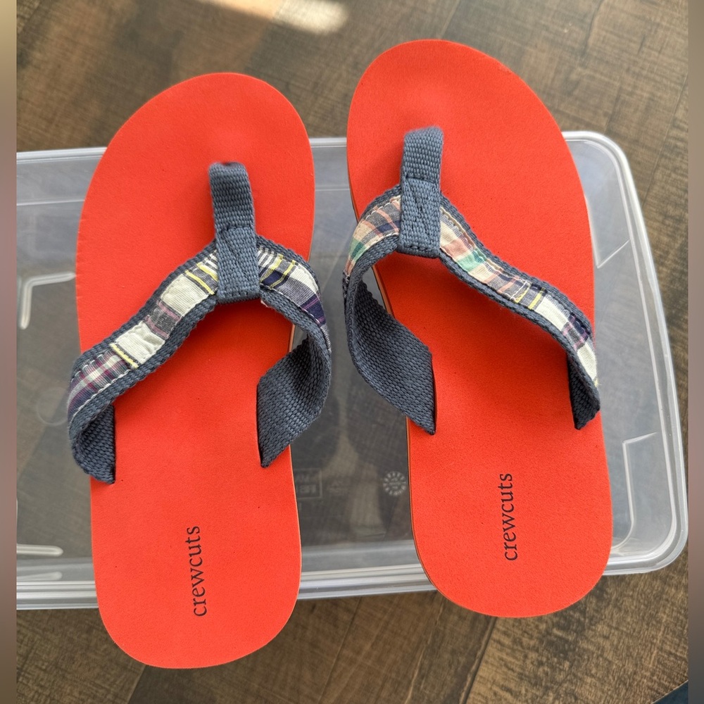 Crewcuts New Boys Flip Flops Jcrew Dk & Lt Orange Navy, Cool Plaid fabric! NWOT!